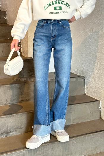 Lamelif Kesik Paça Straight Jean Yıkamalı Açık Mavi