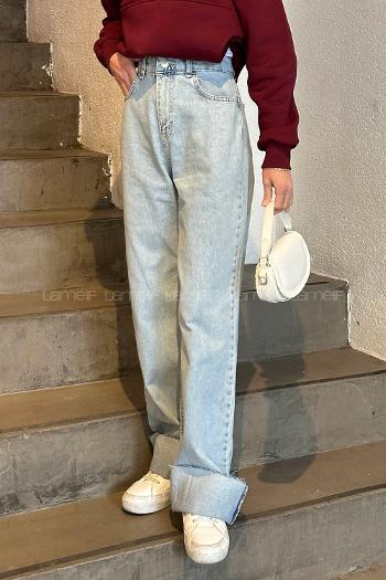 Lamelif Kesik Paça Straight Jean Yıkamalı Buz Mavisi