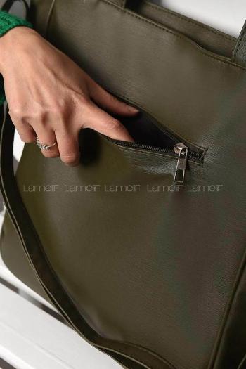 Lamelif Fermuar Detaylı Omuz Çantası Haki