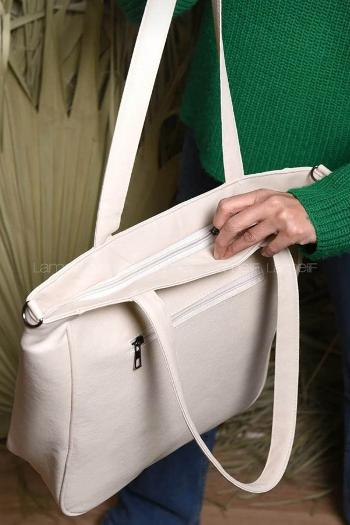 Lamelif Fermuar Detaylı Omuz Çantası Krem