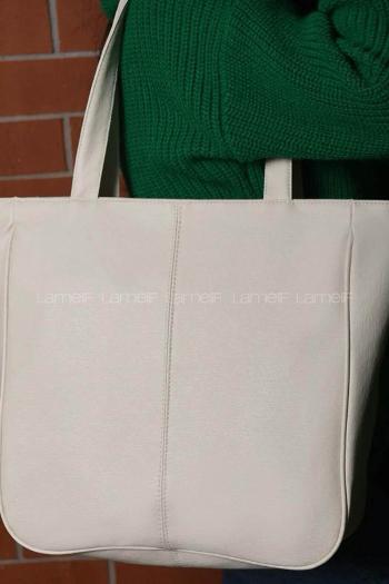 Lamelif Fermuar Detaylı Omuz Çantası Krem