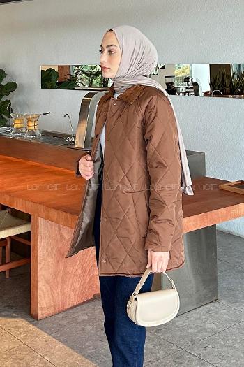 Lamelif Kadife Yaka Detaylı Kapitone Mont Kahverengi