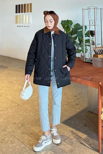 Lamelif Kadife Yaka Detaylı Kapitone Mont Siyah