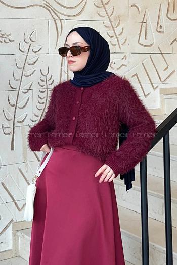 Claret Red Crew Neck Long Arm Acrylic Cardigan