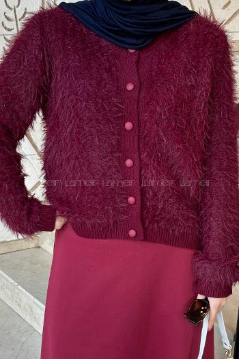 Claret Red Crew Neck Long Arm Acrylic Cardigan