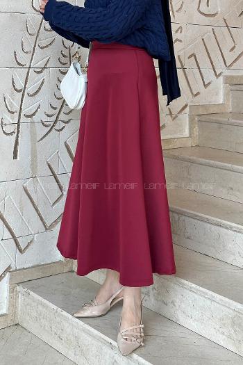 Lamelif Scuba Kumaş Kloş Etek Bordo