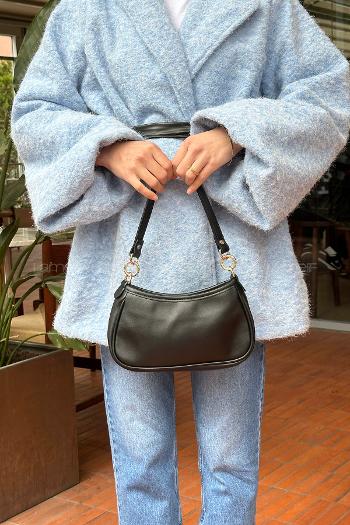 Lamelif Deri Görünümlü Baget Kadın Çanta Siyah