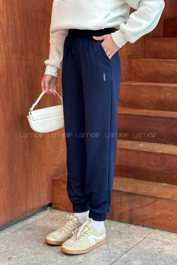 Navy Blue Elastic Trousers Normal Waist Bottom Tracksuit