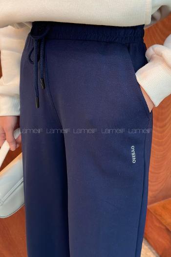 Navy Blue Elastic Trousers Elastic Waist Regular Cut Bottom Tracksuit