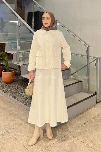 Lamelif Cep Detaylı İkili Etek  Tesettür Takım Beyaz