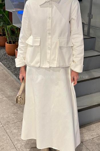 Lamelif Cep Detaylı İkili Etek  Tesettür Takım Beyaz