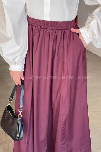 Lamelif Cep Detaylı Kloş Etek Mürdüm