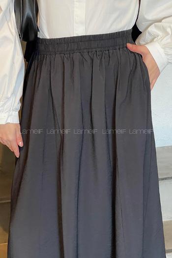 Lamelif Cep Detaylı Tensel Kloş Etek Koyu Füme