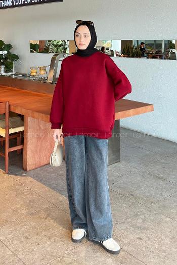 Lamelif Jasmin Bisiklet Yaka Oversize Sweat Bordo