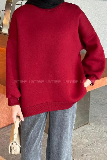 Lamelif Jasmin Bisiklet Yaka Oversize Sweat Bordo