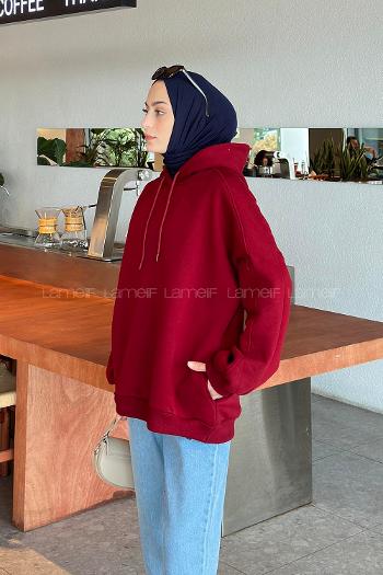 Lamelif Kapşonlu Oversize Yan Cepli Sweat Bordo