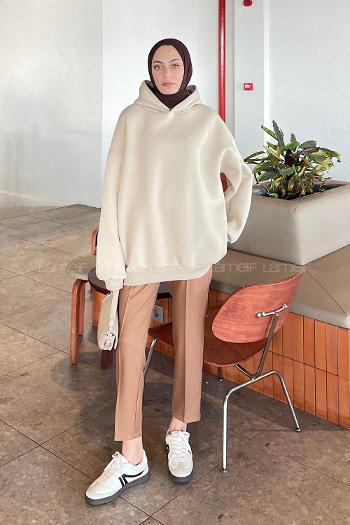Lamelif Kapüşonlu Salaş Sweatshirt Bej