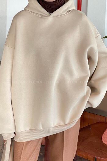 Lamelif Kapüşonlu Salaş Sweatshirt Bej