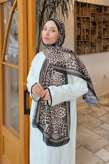 Lamelif Leopar Desen Pamuk Şal Siyah Bej
