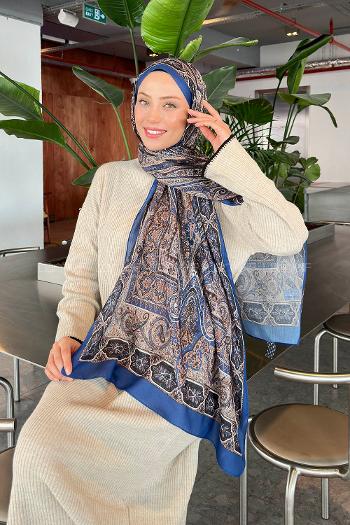 Lamelif Retro Desen Pamuk Şal İndigo Bej
