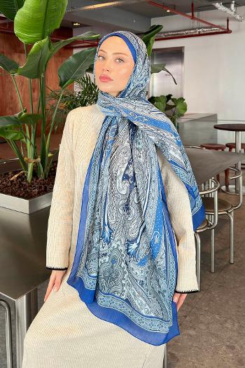 Lamelif Retro Desen Pamuk Şal Mavi