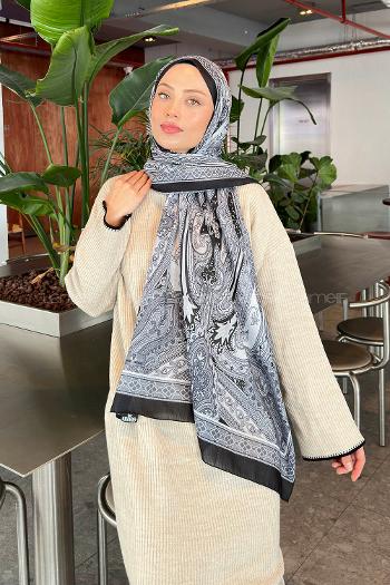 Lamelif Retro Desen Pamuk Şal Siyah beyaz