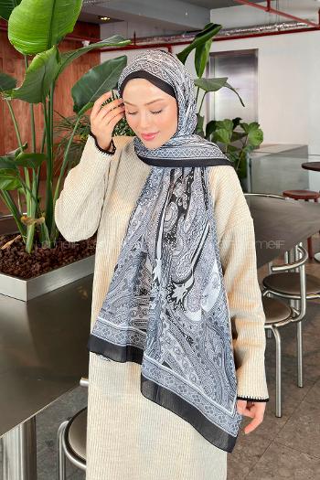 Lamelif Retro Desen Pamuk Şal Siyah beyaz