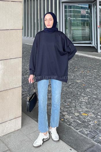 Navy Blue Hood Neck Balloon Sleeve Arm Printed Sweatshirt