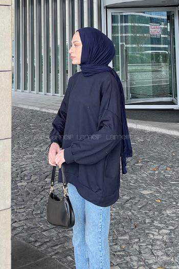 Navy Blue Hood Neck Balloon Sleeve Arm Printed Sweatshirt