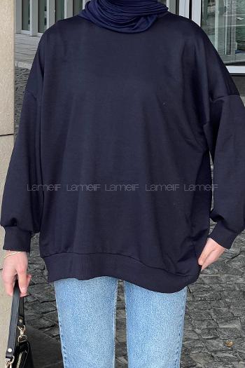 Navy Blue Hood Neck Balloon Sleeve Arm Printed Sweatshirt