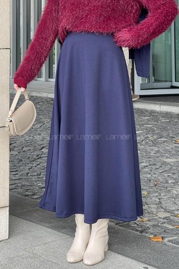 Navy Blue Cotton Unprinted Flare Skirt