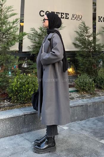 Lamelif Tek Düğmeli Kaşe Kaban Füme