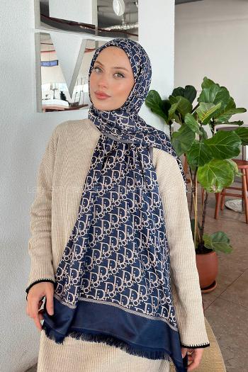 Navy Marine Cotton Fabric Cashmere Striped Printed Shawl