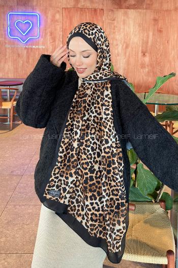 Lamelif Leopar Desen Pamuk Şal Siyah Bej