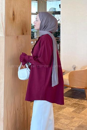 Lamelif Flores Fırfırlı Tunik Bordo