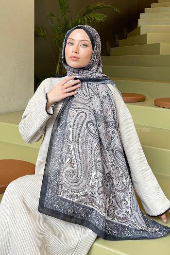 Lamelif Retro Desen Soft Şal Siyah Ekru