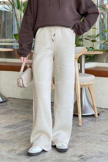 Cream Trousers High Waist Elastic Waist Regular Cut Bottom Tracksuit