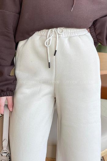 Cream Trousers High Waist Elastic Waist Regular Cut Bottom Tracksuit