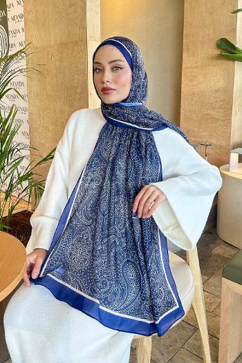 Lamelif Retro Desen Pamuk Şal Gece Mavisi