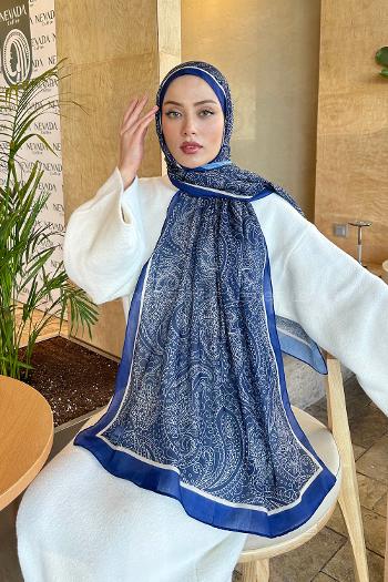 Lamelif Retro Desen Pamuk Şal Gece Mavisi