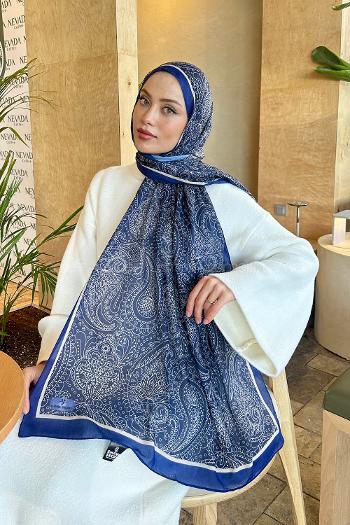 Lamelif Retro Desen Pamuk Şal Gece Mavisi