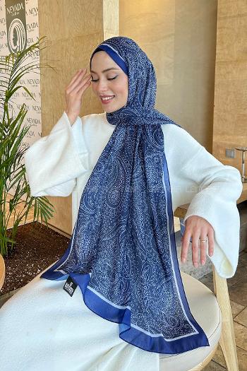 Lamelif Retro Desen Pamuk Şal Lacivert