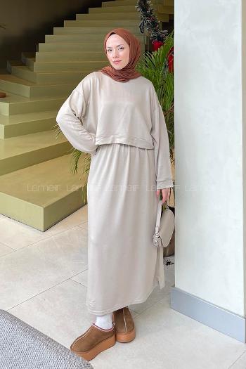 Beige Crew Neck Long Arm Poplin Fabric Straight Skirt Suit