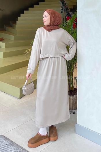 Beige Crew Neck Long Arm Poplin Fabric Straight Skirt Suit