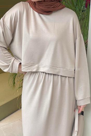 Beige Crew Neck Long Arm Poplin Fabric Straight Skirt Suit