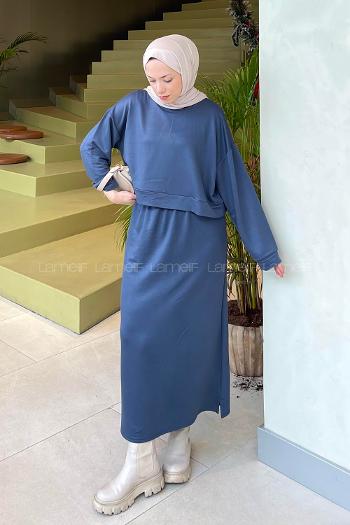 Lamelif Kısa Sweat Etekli Tesettür Takım Füme