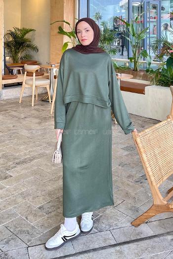 Lamelif Kısa Sweat Etekli Tesettür Takım Haki