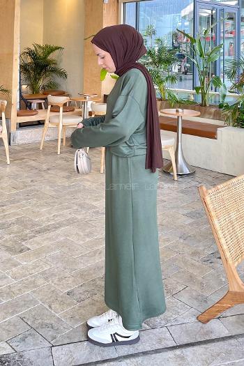 Lamelif Kısa Sweat Etekli Tesettür Takım Haki