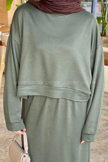 Lamelif Kısa Sweat Etekli Tesettür Takım Haki