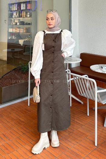 Lamelif Önü Boydan Düğmeli Salopet Koyu Yeşil